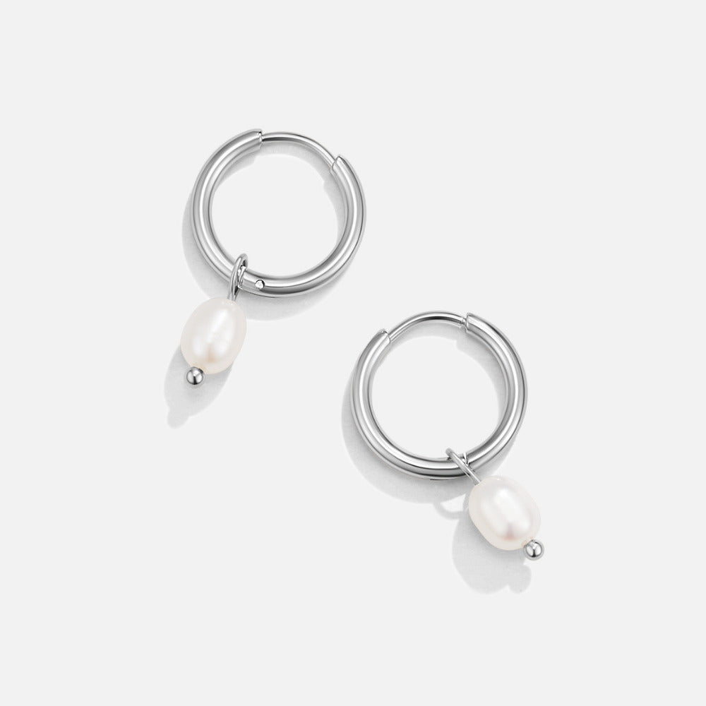 Freshwater Pearl Bella Silver Hoop Earrings, pair of silver hoops with hanging white pearls on