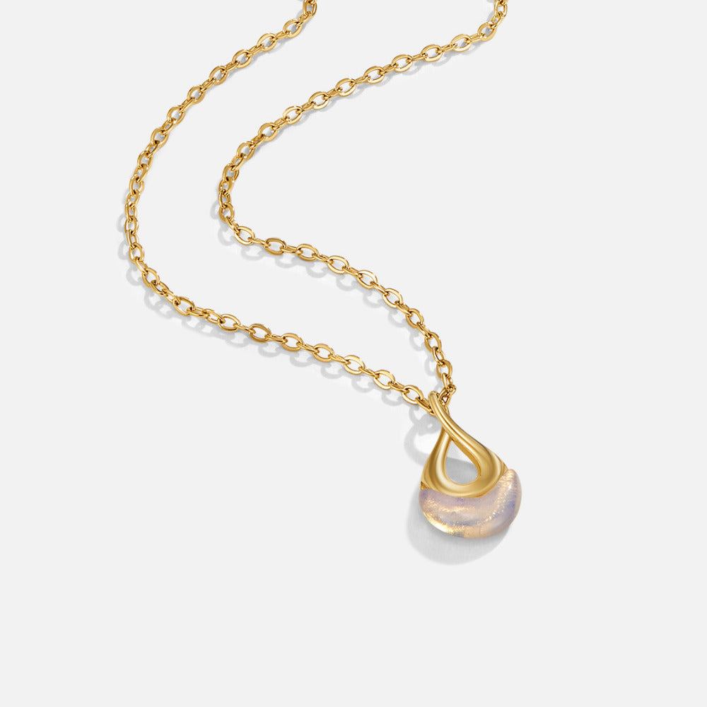 Tiffany White Stone Pendant Necklace, gold chain necklace with a pale translucent stone pendant on white