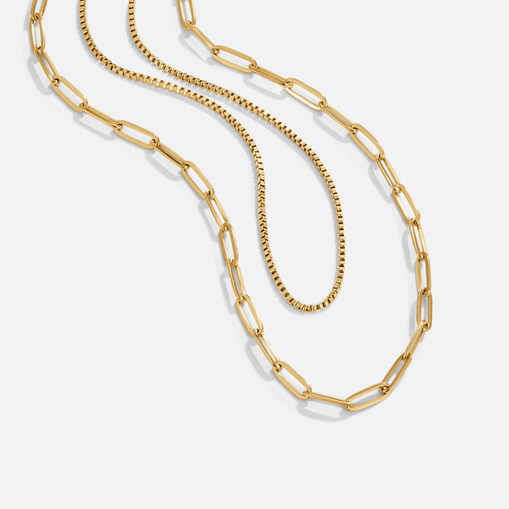 Amanda Layered Gold Chain Necklace, three gold chains layered together, flat on a light background