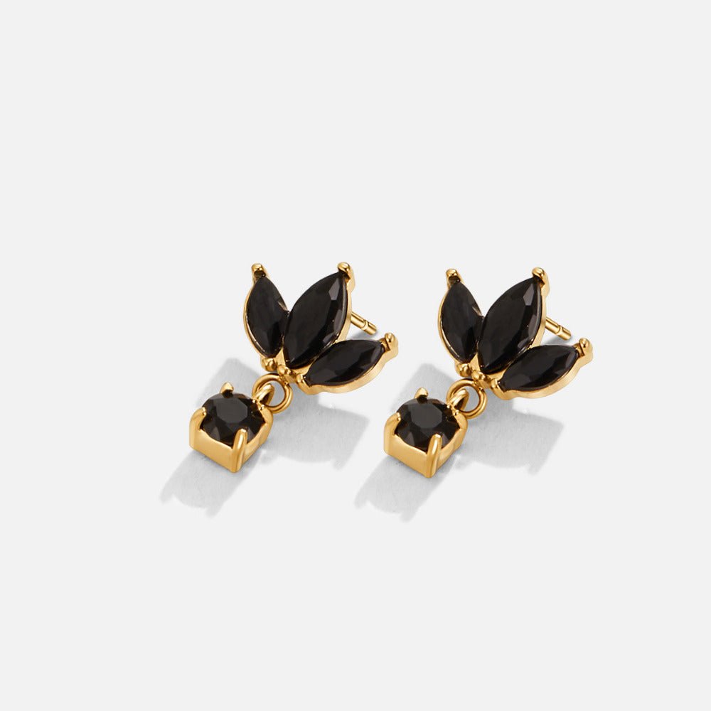 Amara Black Crystal Bloom Earrings, pair of gold earrings with black marquise stones and a