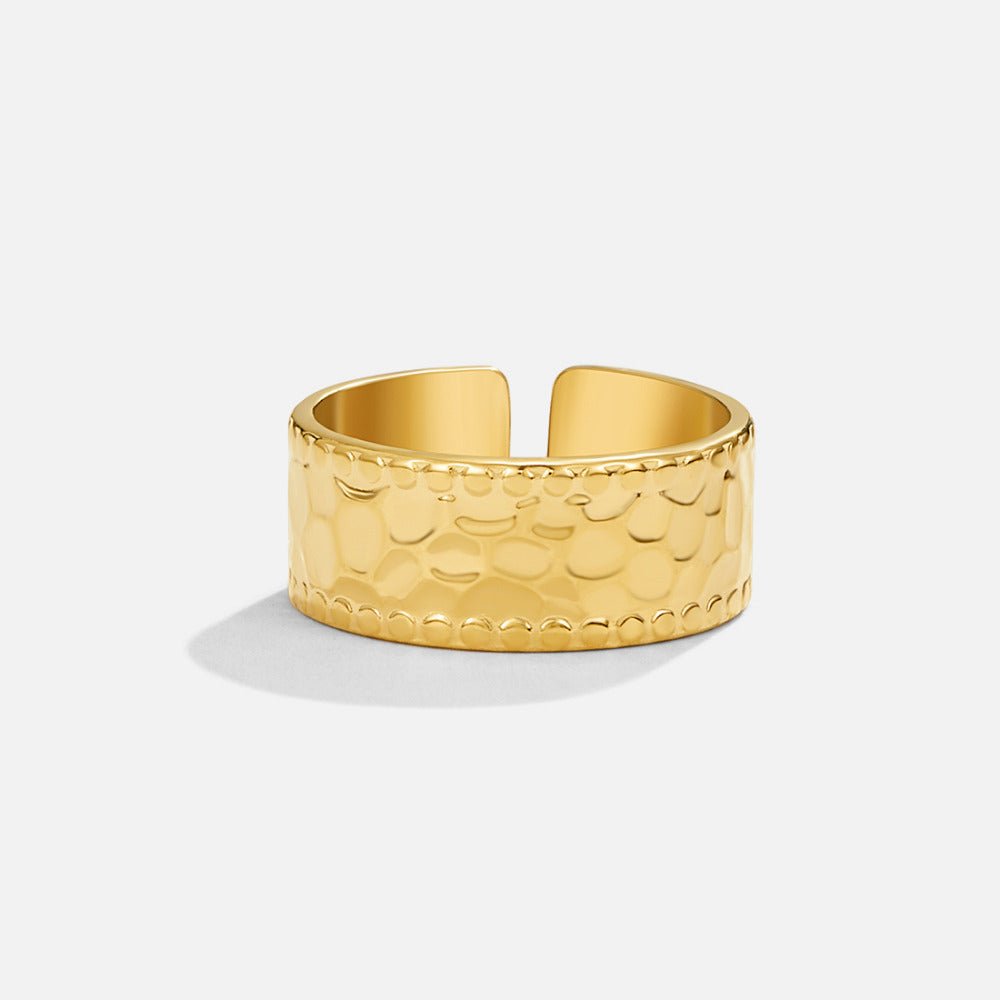 Amaya Hammered Gold Ring, open cuff ring on white background, hammered texture, beaded edges
