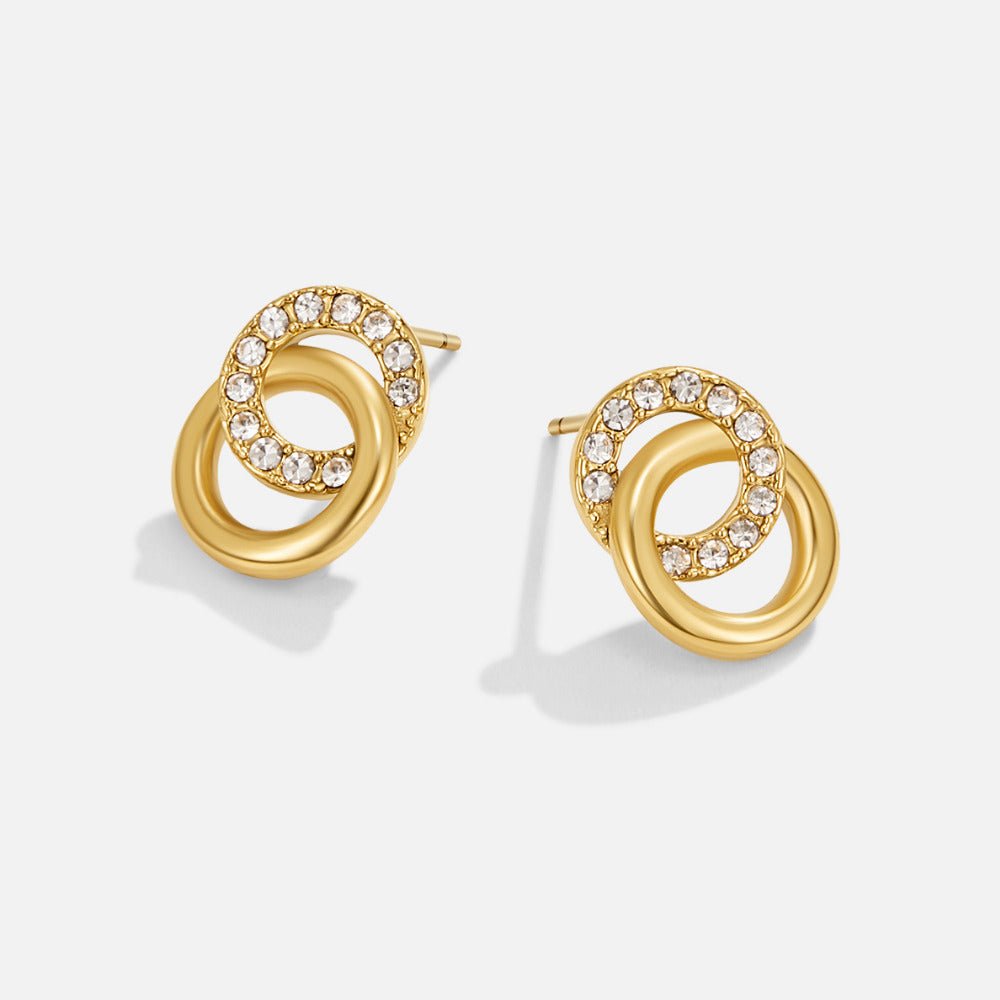 Aurea Entwined Hoop Earrings, pair of gold stud earrings, interlocking rings with pavΓ© crystals