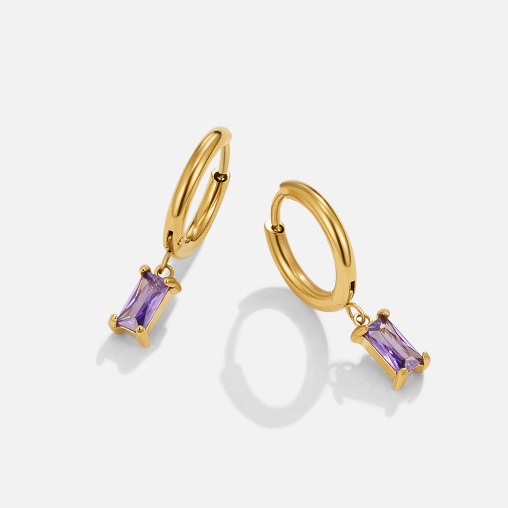 Avery Purple Crystal Drop Earrings, pair of gold hoop earrings with a purple baguette drop stone