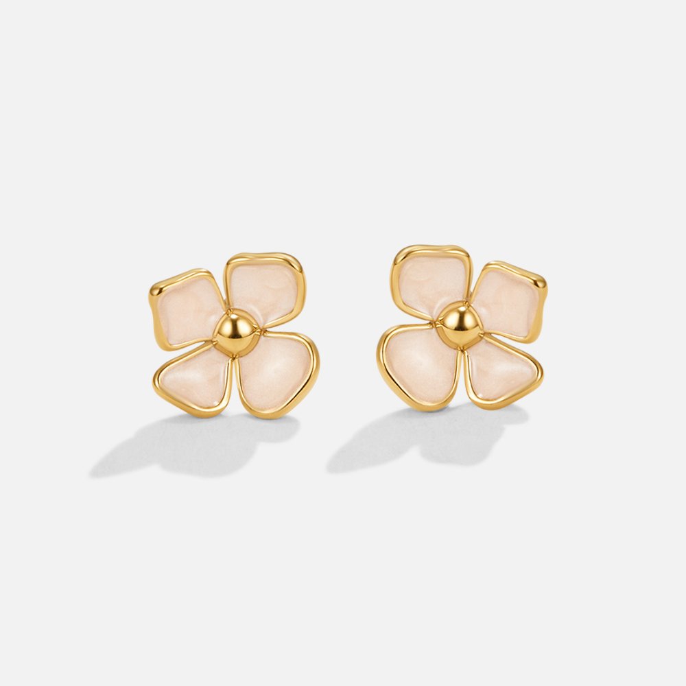 Blooming Blossom Earrings, pair of flower stud earrings with pale pink petals and gold centres