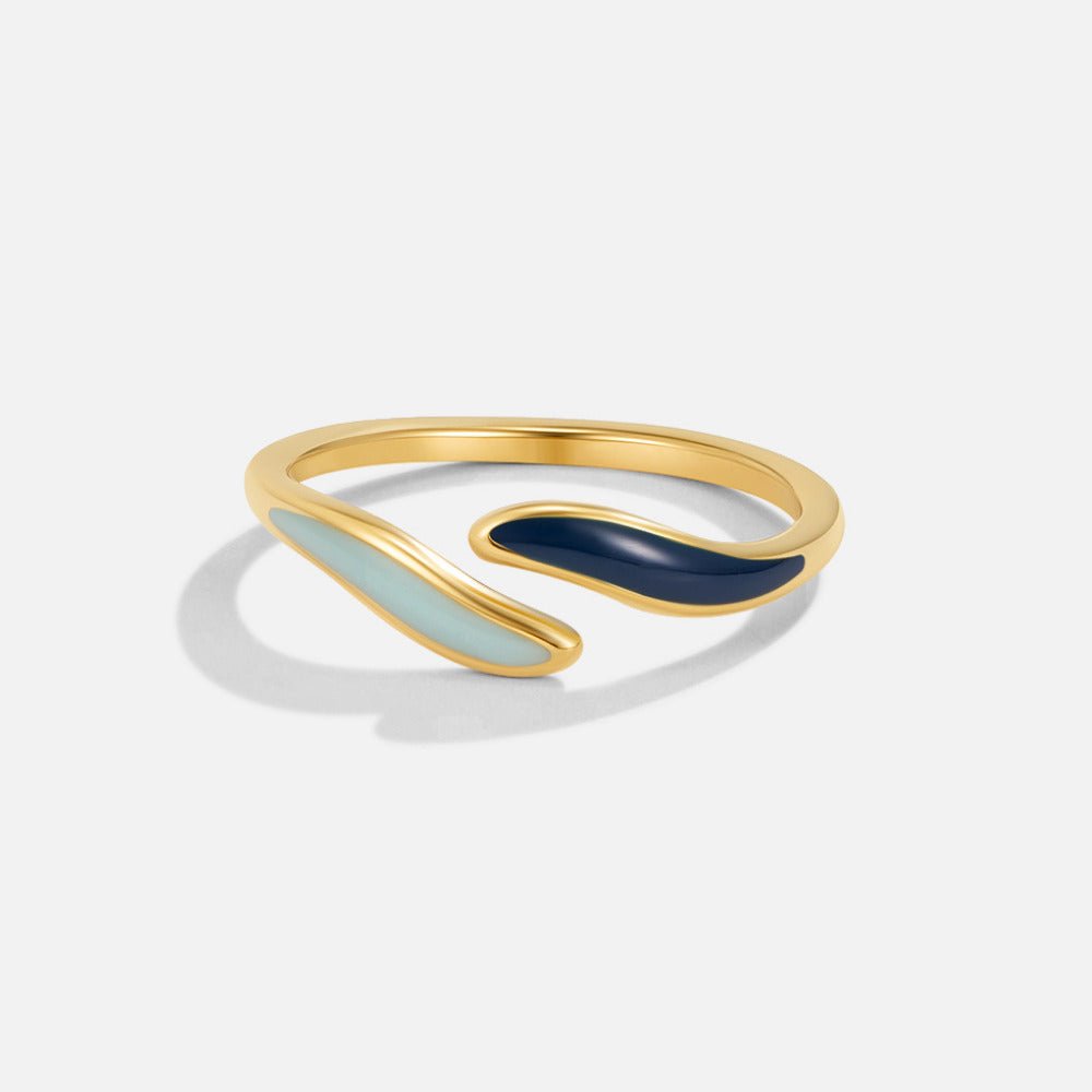 Blue Ocean Waves Wrap Ring, open wrap ring in gold with pale aqua and navy enamel tips