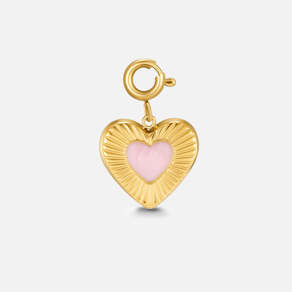 Blush Gold Heart Charm, gold heart charm with pink enamel centre and spring clasp, on white