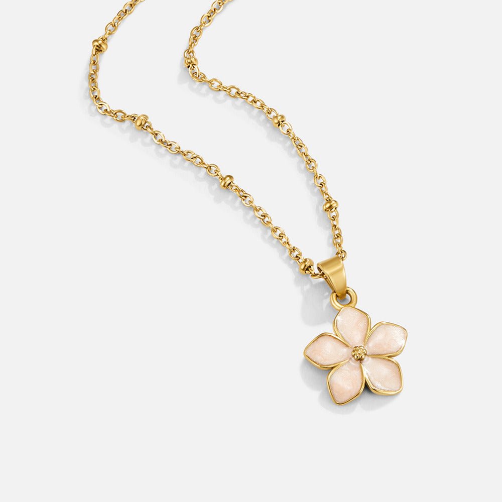 Blush Pink Sakura Bloom Gold Necklace, gold chain with a pale pink five-petal flower pendant