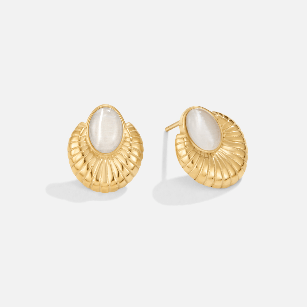 Bohemia Gold Cat Eye Earrings, pair of earrings side by side on white, fluted gold shell