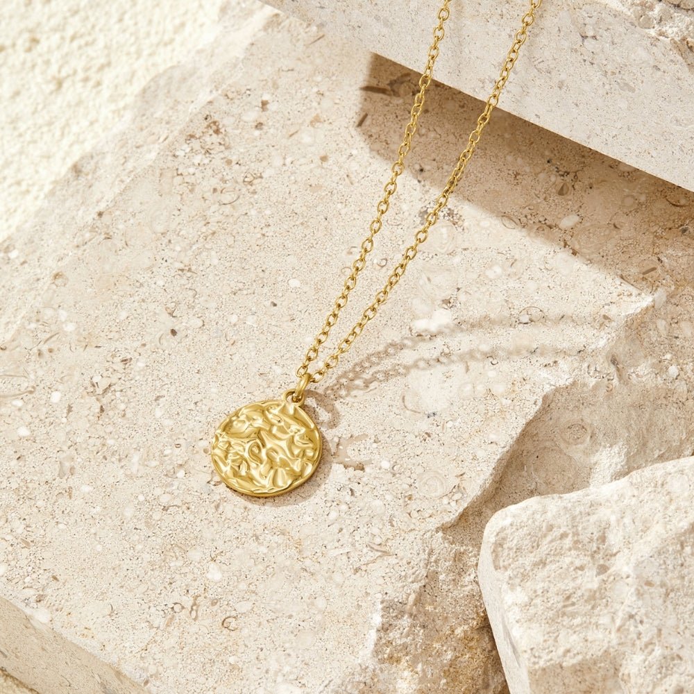 Celeste Gold Disc Necklace, gold necklace with hammered disc pendant on pale stone