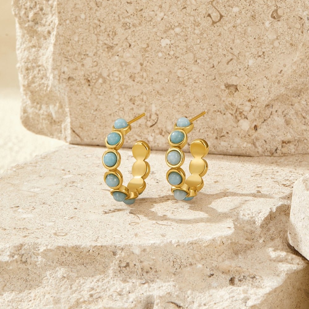 Classic Amazonite Hoop Earrings, a pair of hoops on stone, turquoise stones and gold setting