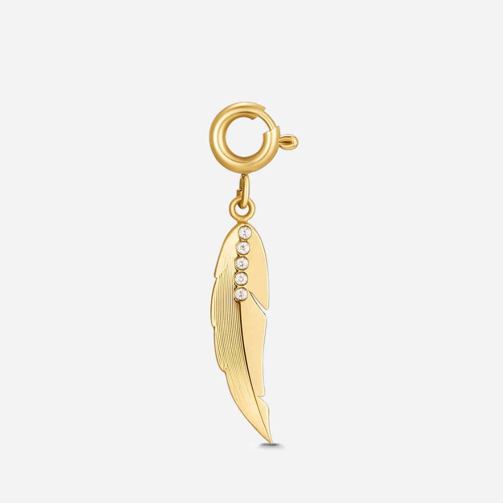Crystal Feather Charm, gold feather charm with a spring clasp, five small stones along one side