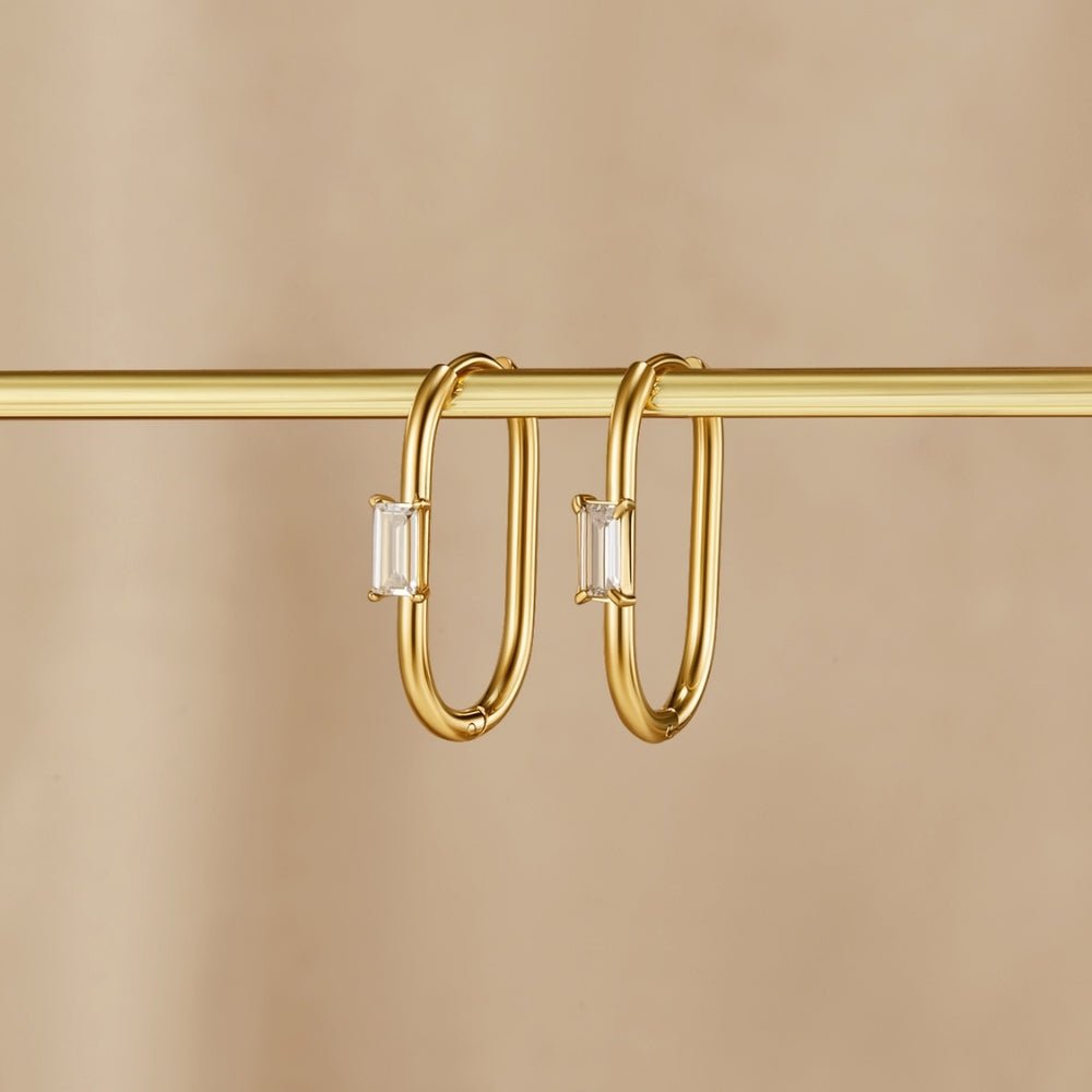 Crystal & Gold Diana Hoop Earrings, two gold oval hoop earrings hanging on a gold bar, each
