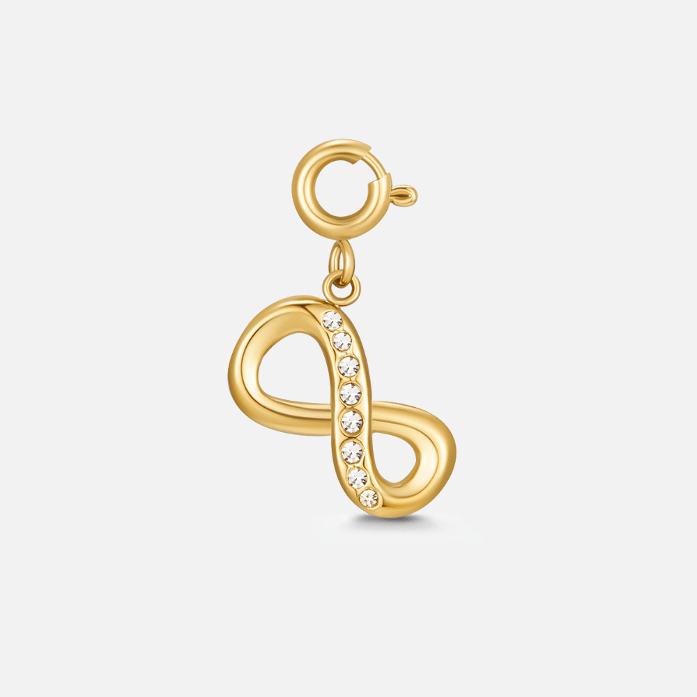 Crystal & Gold Infinity Charm, gold infinity-symbol charm with a row of clear crystals, on a spring clasp ring