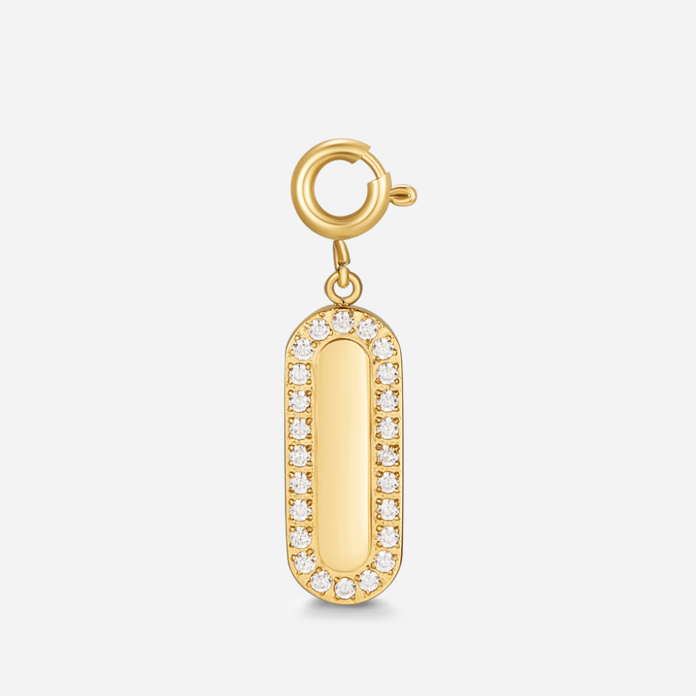 Crystal Ivory Charm, gold charm with a spring clasp, pave crystal border and smooth centre