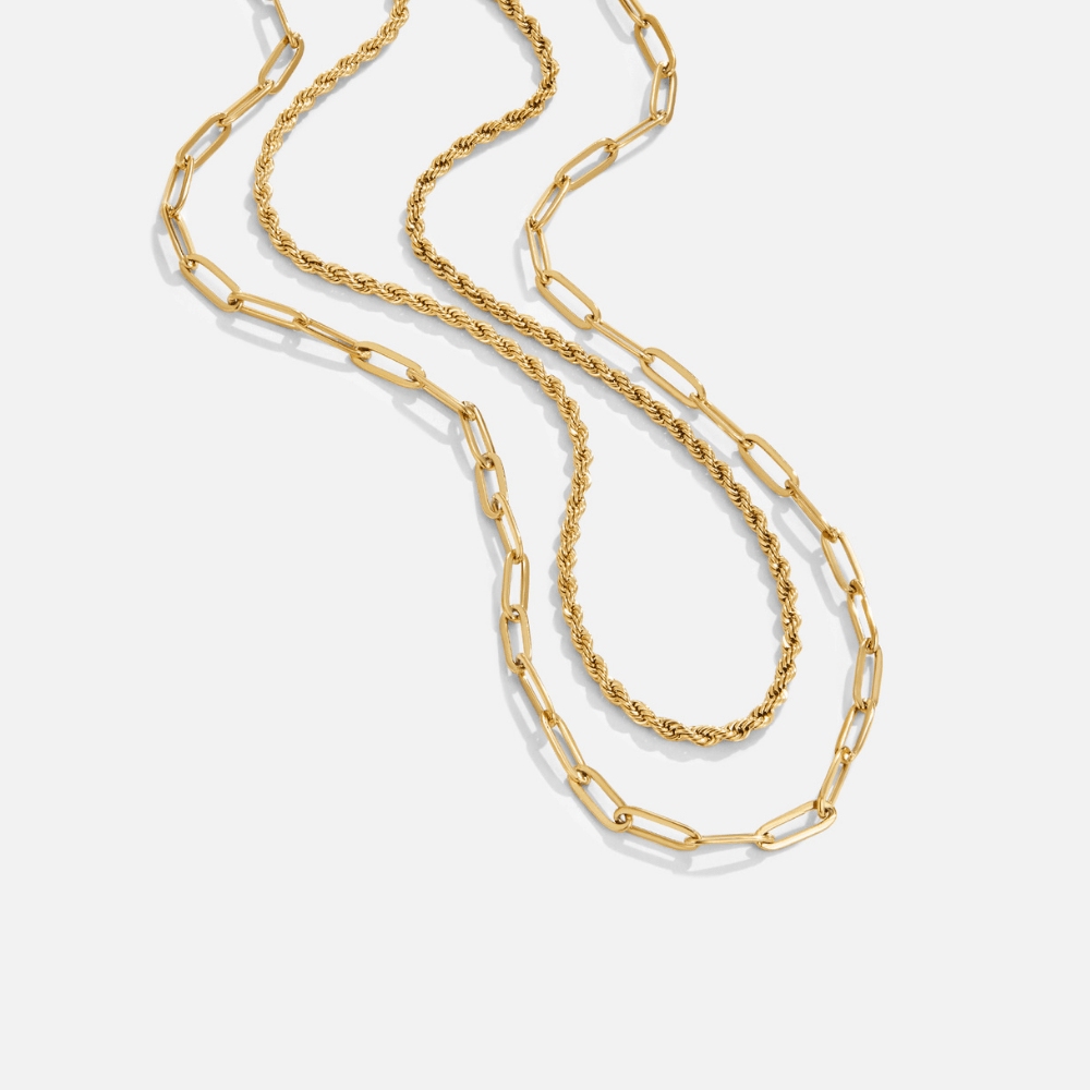 Dara Layered Paperclip Chain Necklace, two gold chains layered on a light grey background, one