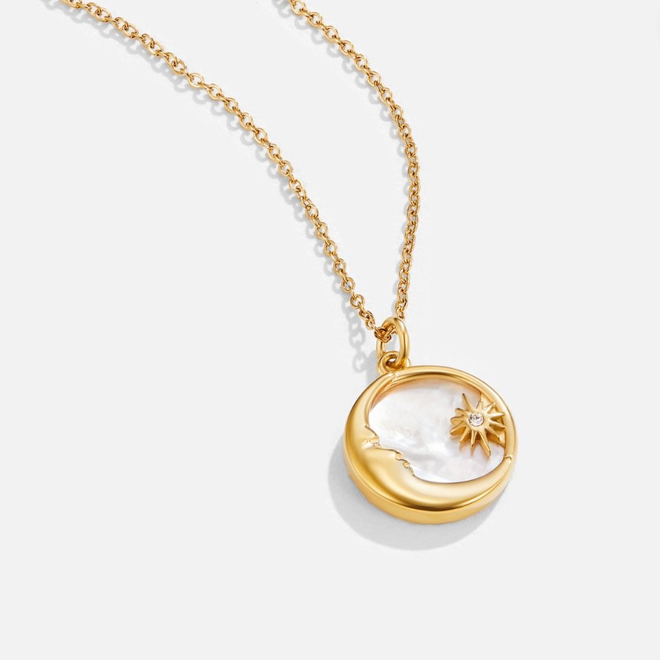 'Dreaming in the Clouds' Moon & Star Necklace, gold pendant with crescent moon, pearly white centre and star on fine chain