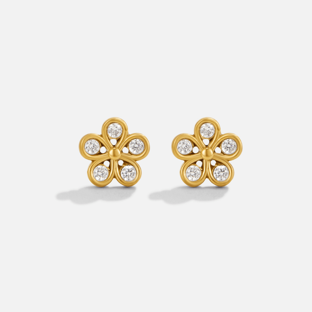 Five Petal Bloom Gold Earrings, a pair of gold flower studs with five clear stones each