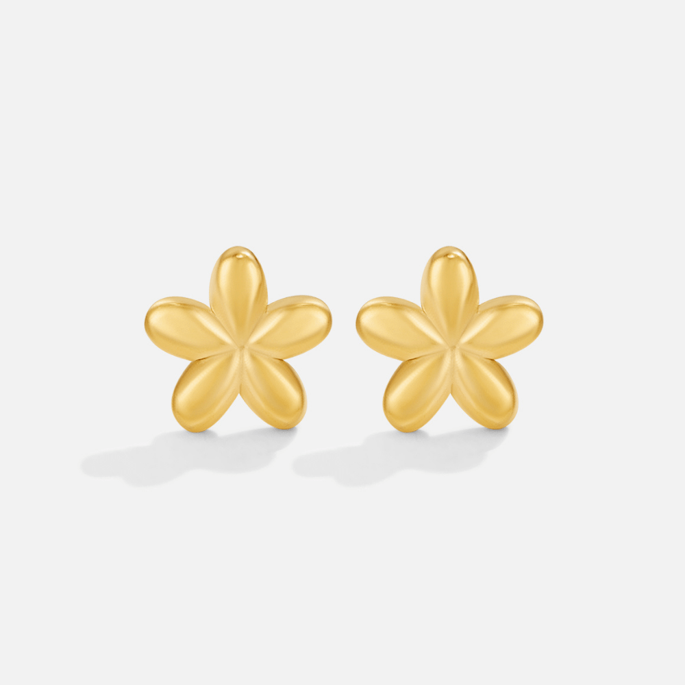 Flower Balloon Stud Earrings, pair of glossy gold five-petal flower studs on a plain background