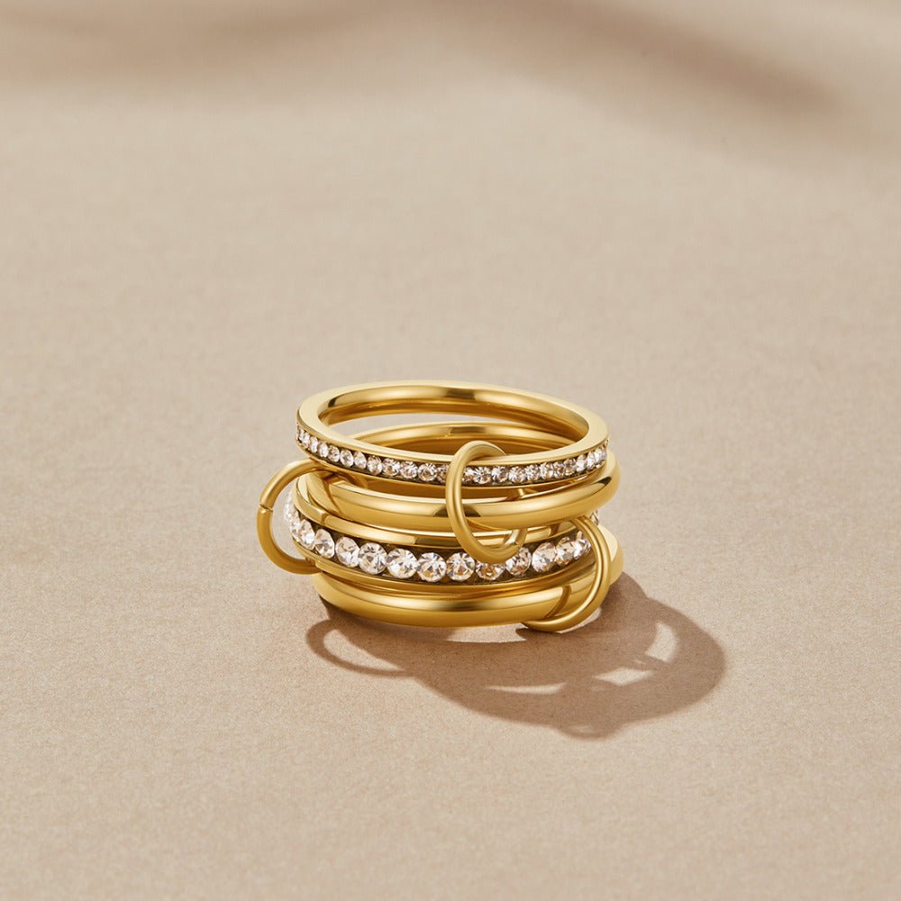 'Forever' Link Crystal & Gold Ring, stacked gold rings linked together, two with crystal