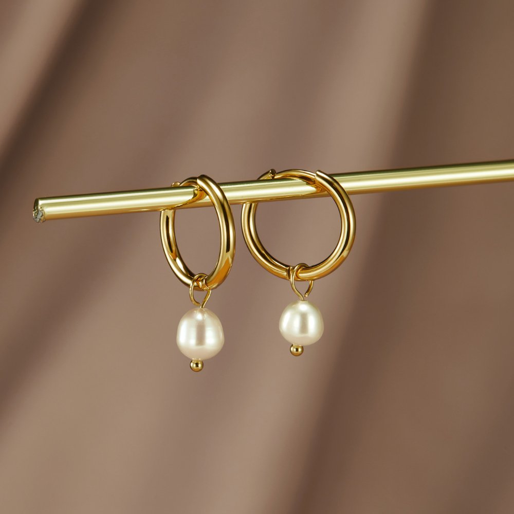 Freshwater Pearl Bella Hoop Earrings, pair of gold hoops with pearl drops, hung on a gold rod