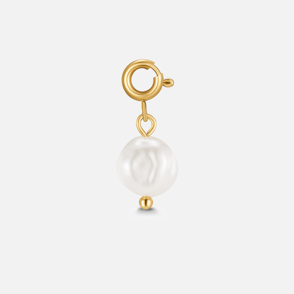 Freshwater Pearl Charm, gold spring-clasp charm with a single white pearl on plain background