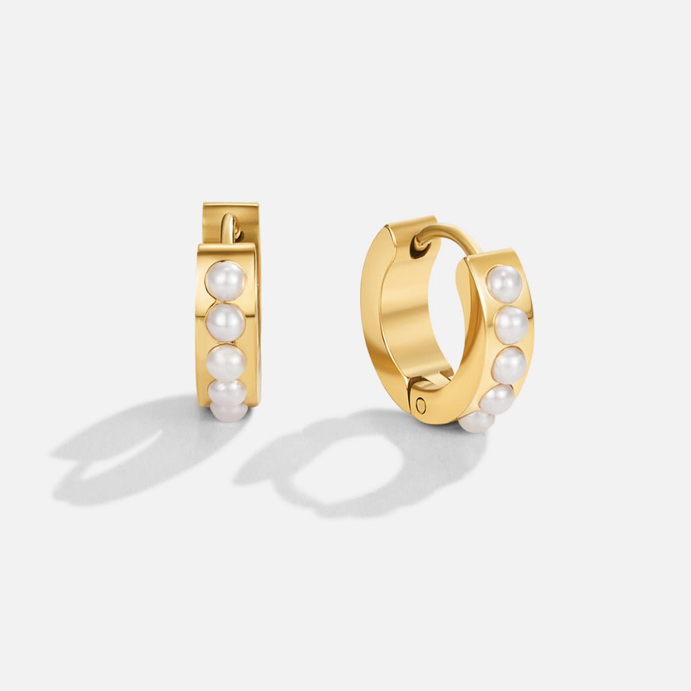 Gold Eula Pearl Hoop Earrings, pair of gold hoops standing upright, each set with four small pearls