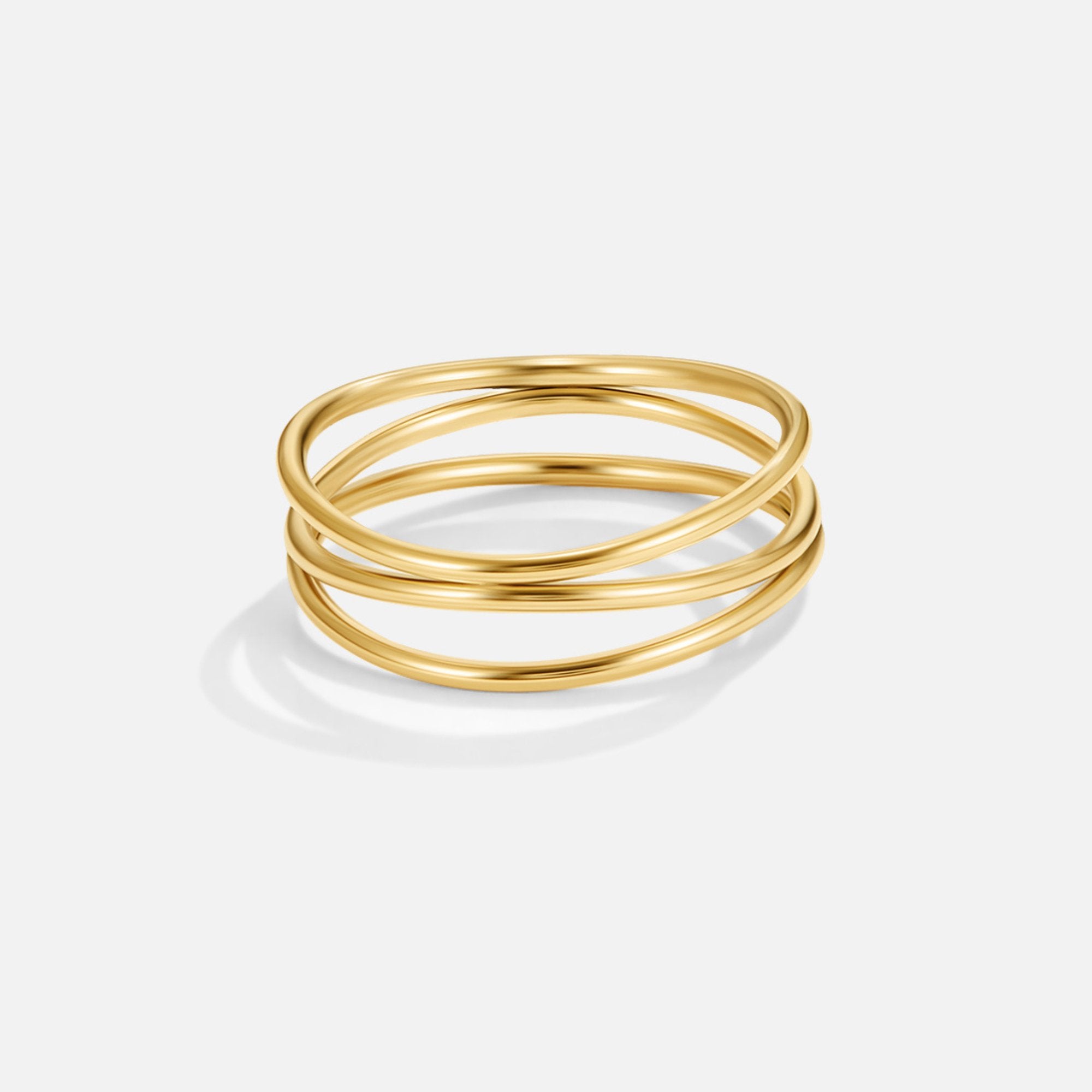 Gold Infinity Loop Ring, three thin gold bands crossing over each other on white background