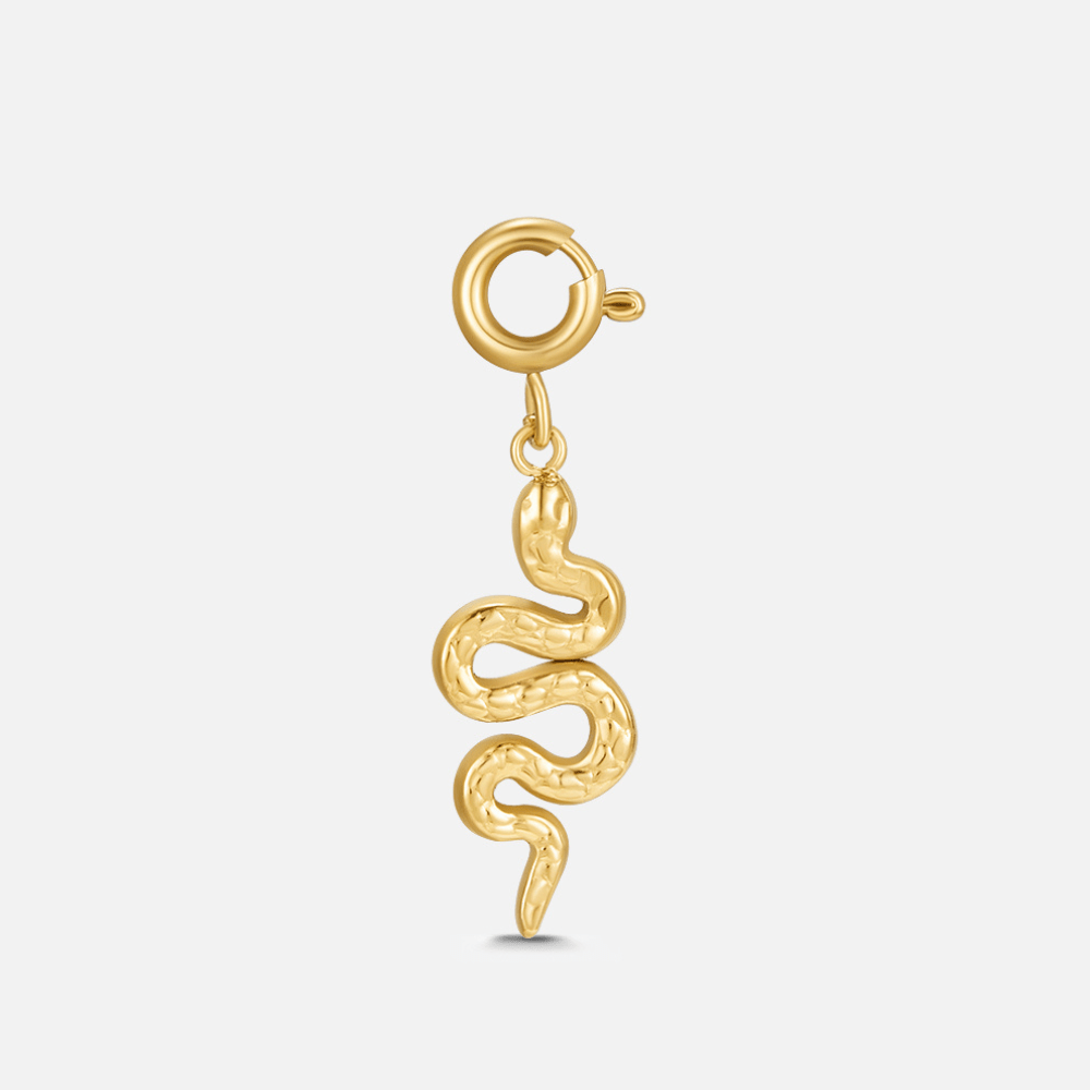Golden Snake Charm, gold snake charm on a spring-ring clasp, shown against a plain background