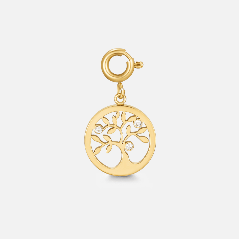 Golden Tree Of Life Charm, gold charm with openwork tree and three small stones, on spring clasp