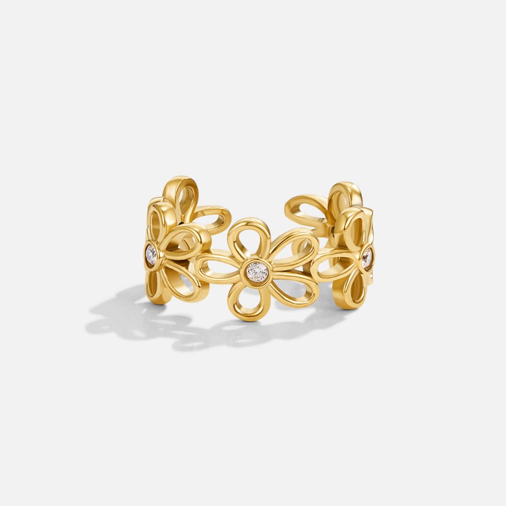 Golden Wildflower Infinity Ring, open-band ring with outlined gold flowers and clear stone