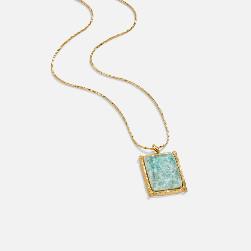 Green Amazonite Pendant Necklace, gold chain with a rectangular green stone pendant on white