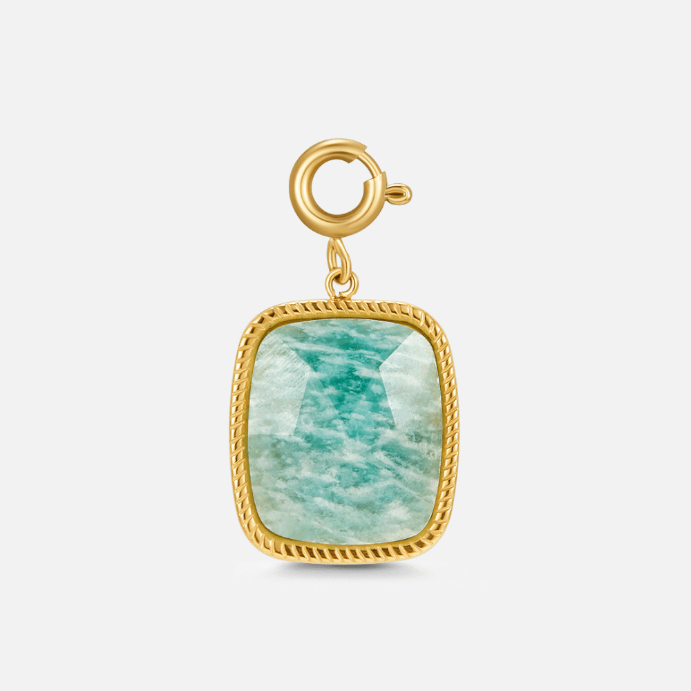 Green Amazonite Stone Charm, gold charm with a cushion-cut green stone and spring-clasp bail, on a plain background