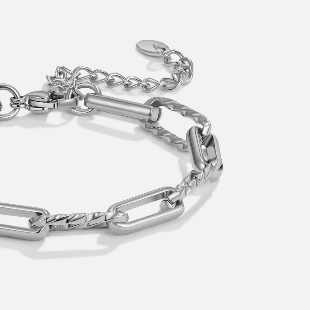 Jihan Chunky Silver Chain Bracelet, close-up of silver chain links on white, with clasp and