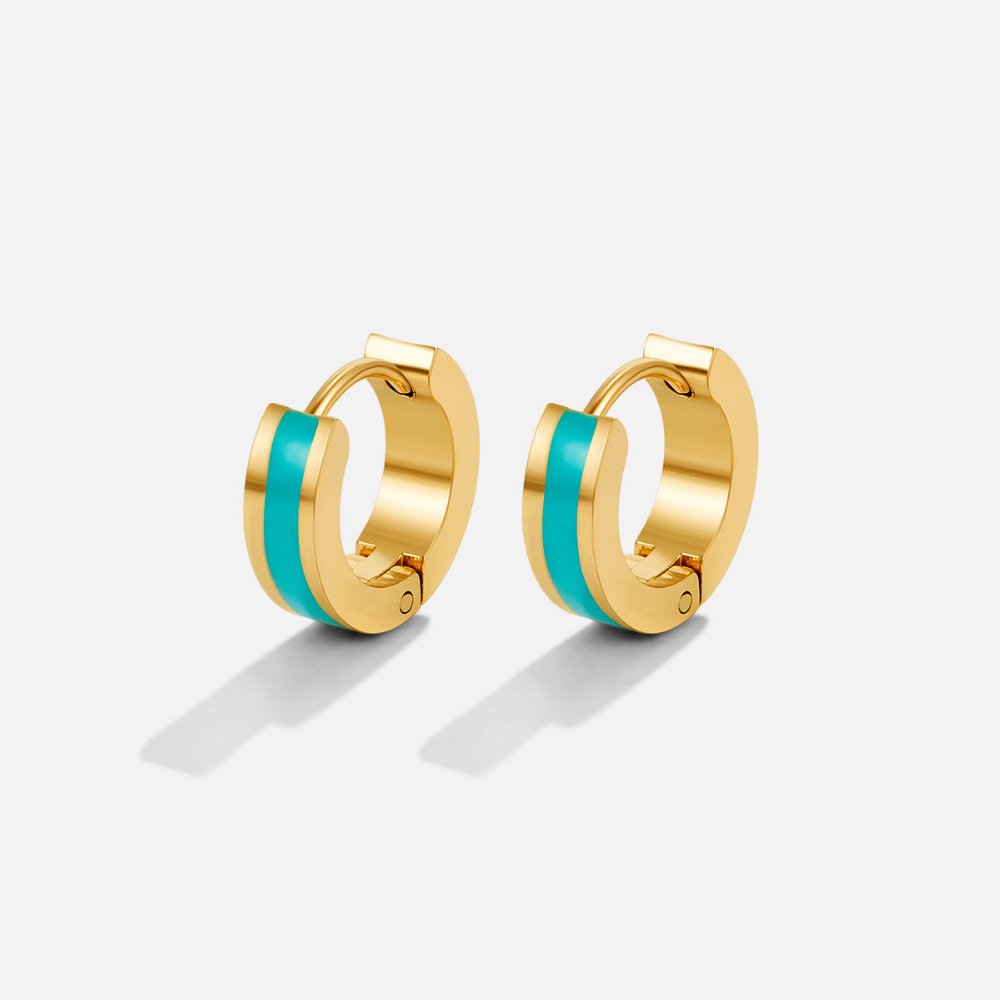 Leigh Teal Hoop Earrings, pair of gold hoops with a teal enamel stripe on white