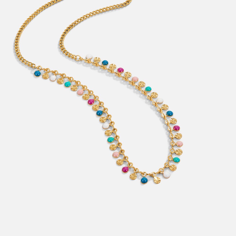 Leila Bead Necklace, gold chain necklace laid flat with multicoloured beads and star discs