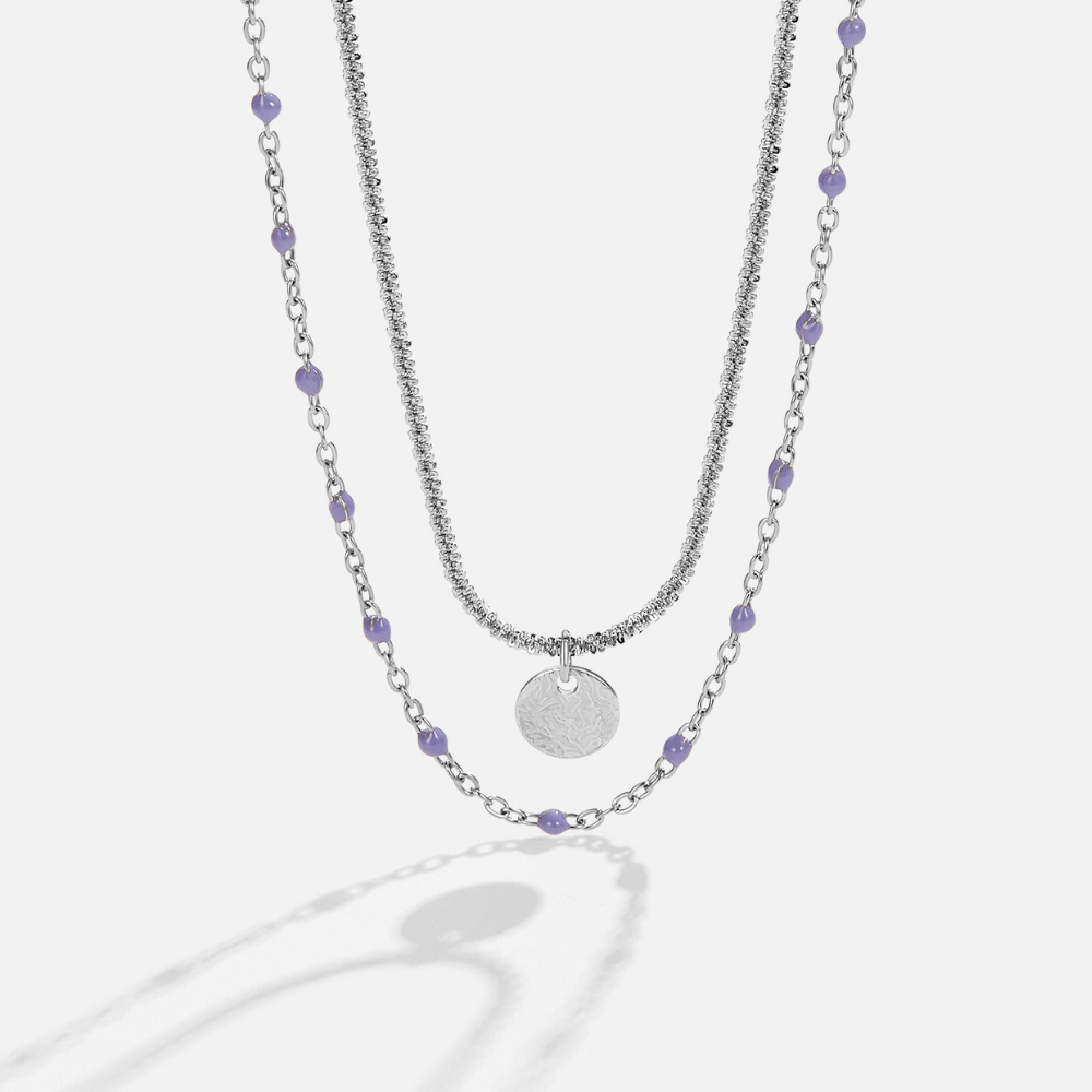 Lia Layered Silver Coin Bead Necklace, two silver chains layered, one with lilac beads and a textured coin