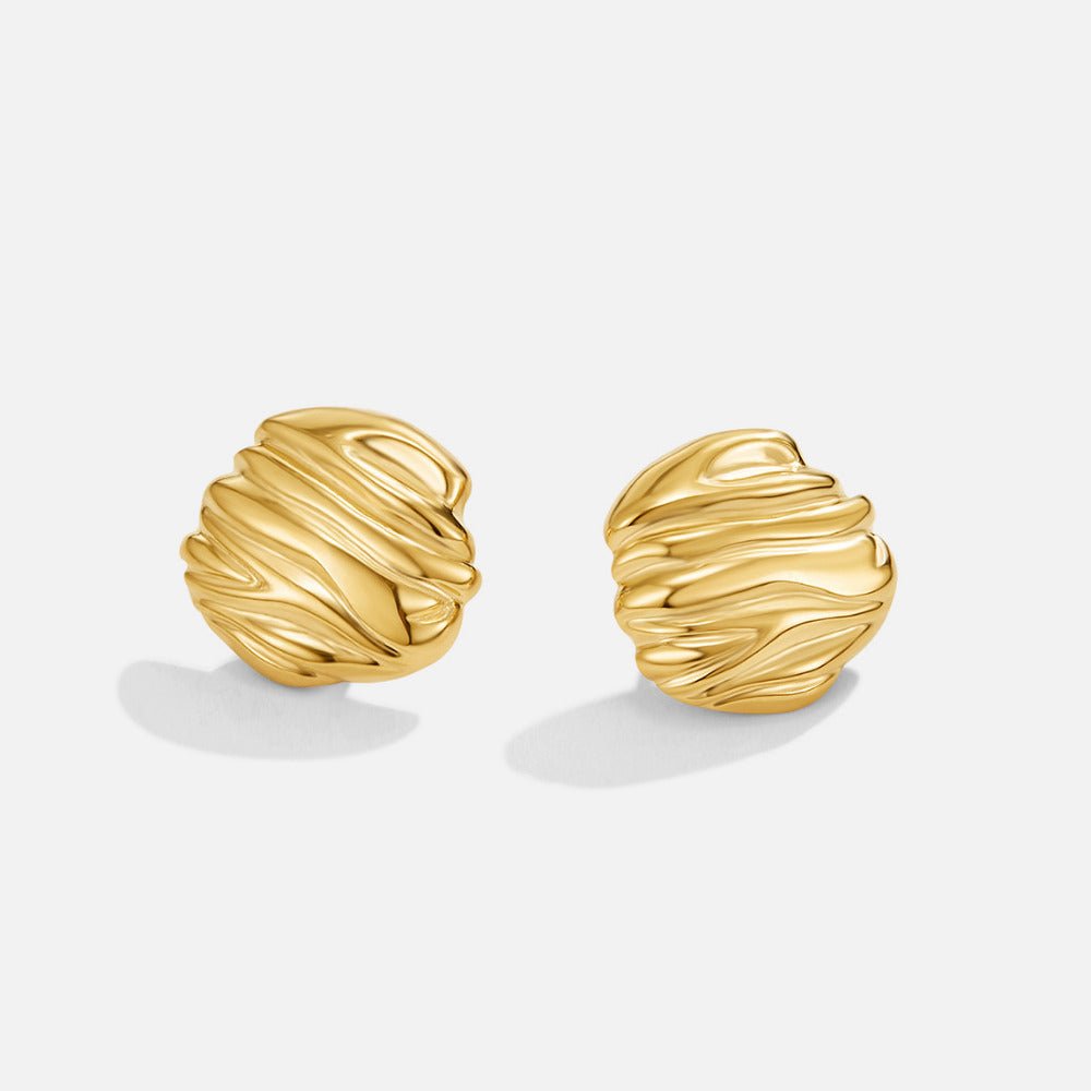 Lila Pleated Gold Button Earrings, pair of textured gold stud earrings on white background
