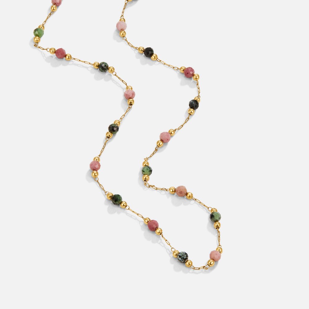 Lulu Spring Beaded Stone Necklace, laid flat on white, gold chain with pink and green stones