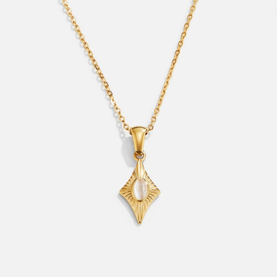 Luna White Opal Gold Necklace, gold necklace on white background, diamond-shaped pendant with