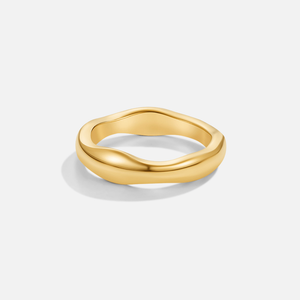 Madison Chunky Wave Ring, standing alone on white, polished gold band with wavy edge
