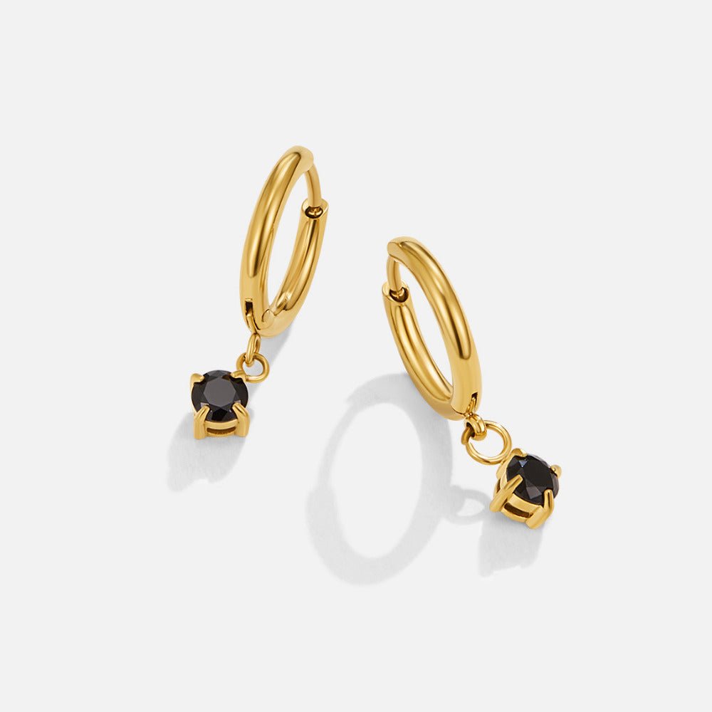 Maison Crystal Drop Hoop Earrings, pair of gold hoops with round black stone drops, on white