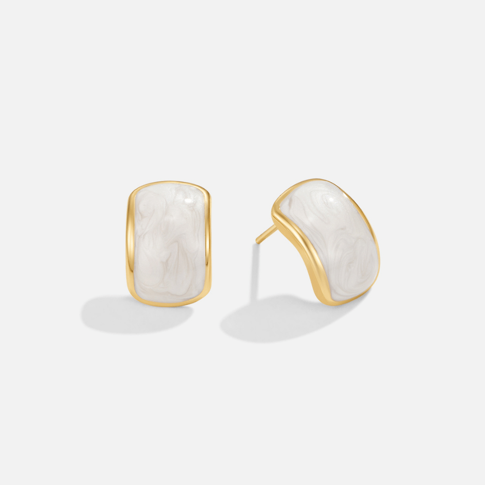 Mother Of Pearl Semi Hoop Earrings, pair of stud earrings on white background, white swirled