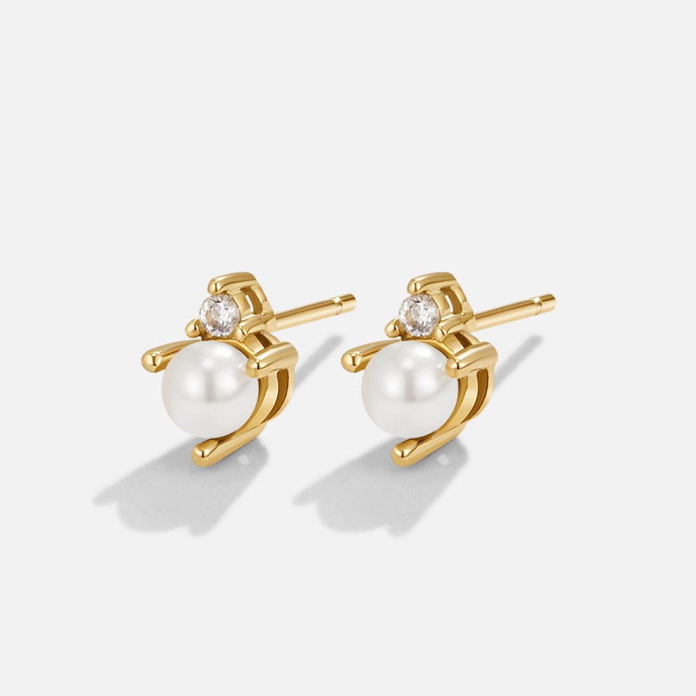 Pearl & Crystal Stud Earrings, pair of gold stud earrings with a pearl and small clear stone