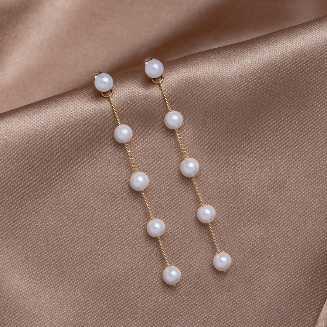 Pearl Drop Earrings, pair of long drop earrings on satin, with pearls on gold chain