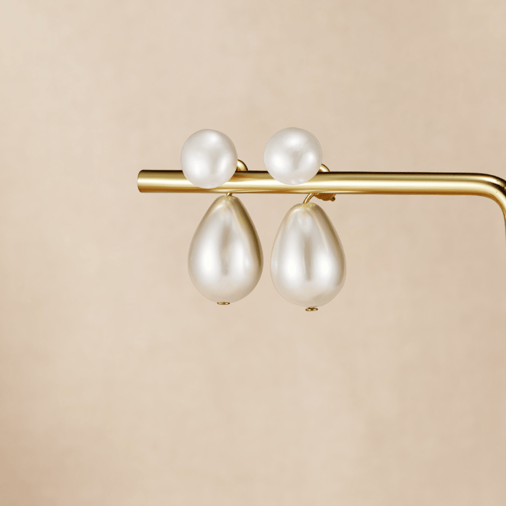 Pearl Duo Drop Earrings, pair of earrings with round pearl studs and teardrop pearls hanging