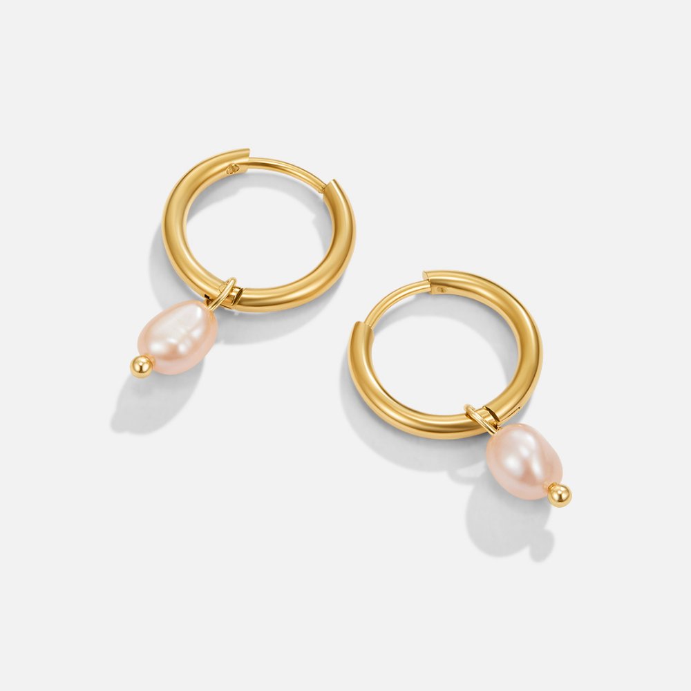 Pink Freshwater Pearl Bella Hoop Earrings, pair of gold hoop earrings with pink pearl drops on white