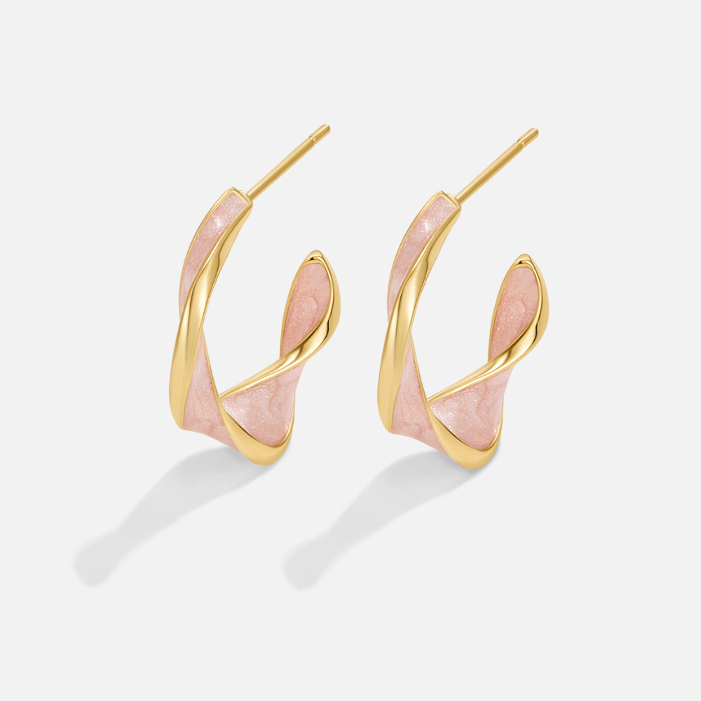 Pink Mother of Pearl Twist Hoop Earrings, a pair of twisted hoops on a plain background, gold