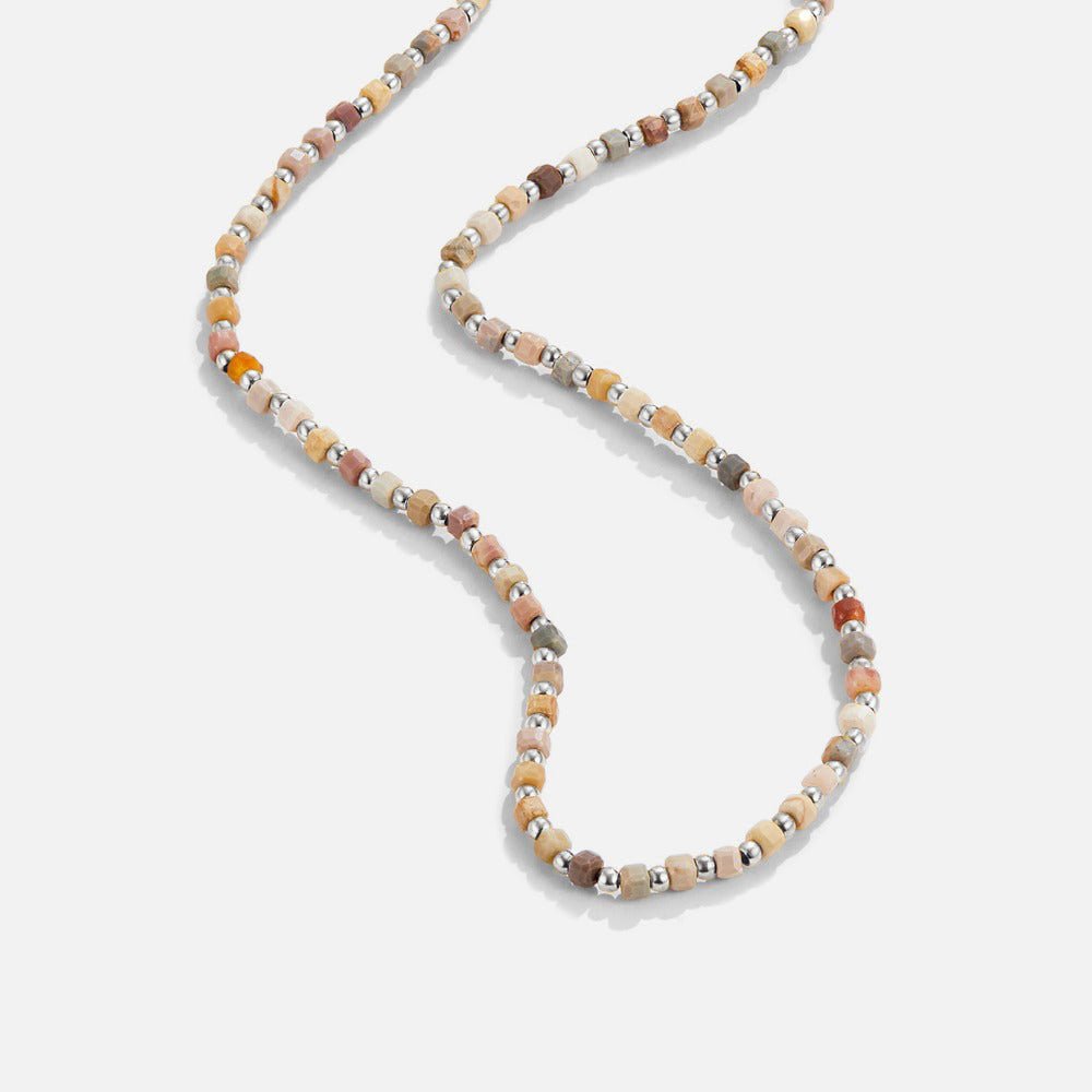 Silver Alashan Stone Bead Necklace, beaded necklace laid flat on white, earthy stones and