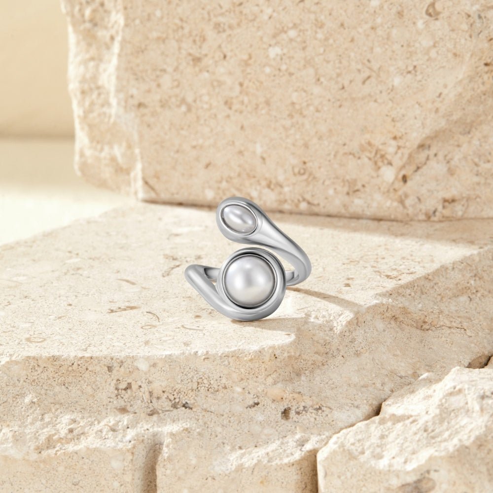 Silver Amara Pearl Wrap Ring, open wrap ring with two pearls on beige stone