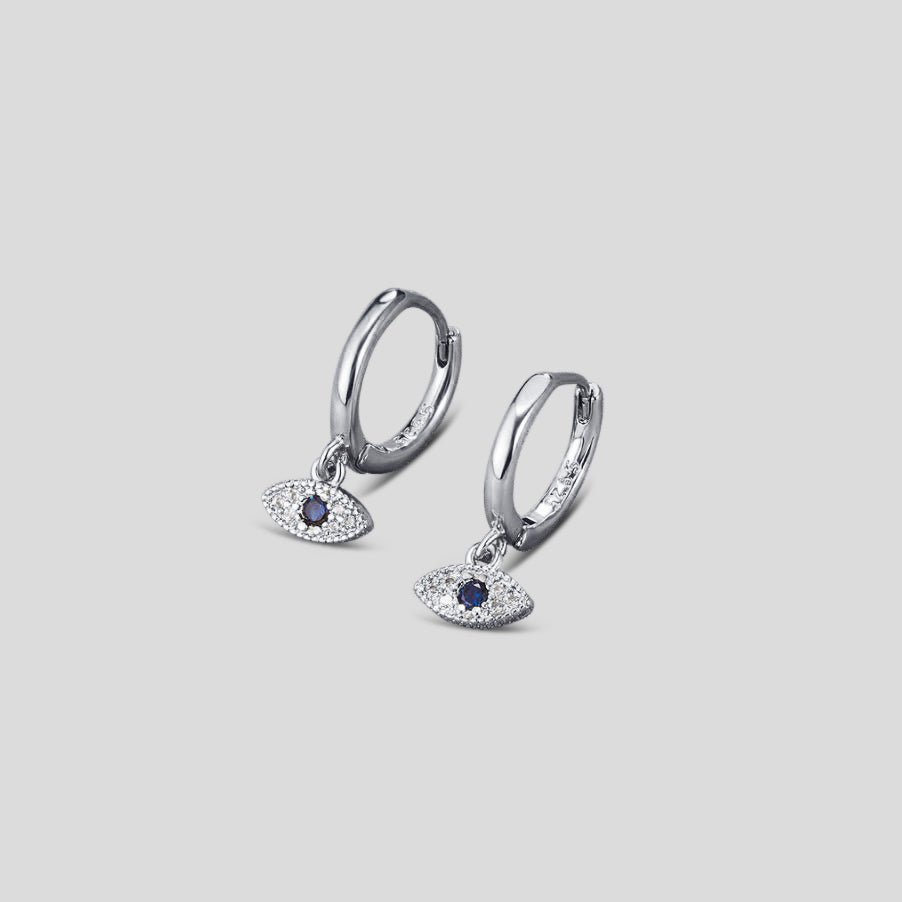Silver Blue Evil Eye Drop Earrings, pair of hoop earrings with eye-shaped drops, blue centre stone